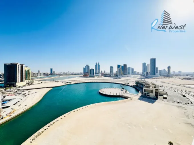 Cozy, modern furnished studio flat living area in Seef near Water Garden City with sea view balcony