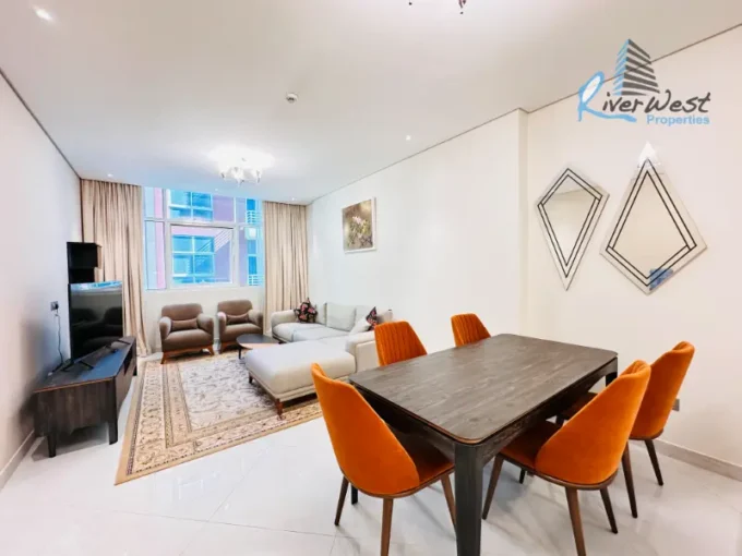 Fully furnished modern 1 bedroom apartment living area in Juffair near Navy Base, approved for US Navy personnel